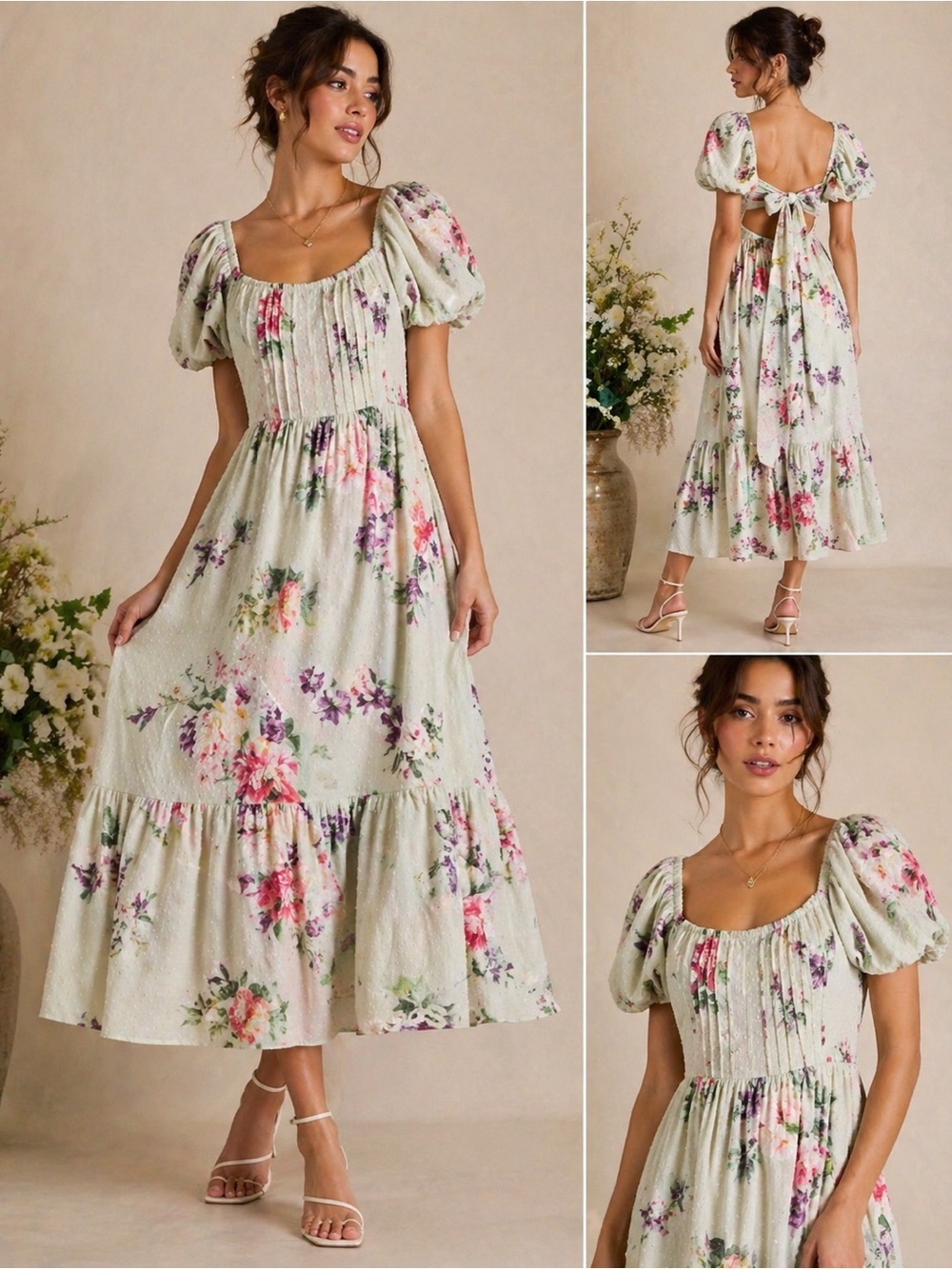 ASOS Floral Cottagecore Puff Sleeve Midi/Maxi Dress Tie Back Romantic 4 Coquette